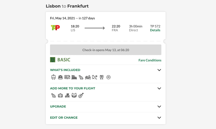 On a light gray background, image clipping from an informative screen with all the useful information, list of included services and services that you can add, to a flight reservation for the Lisbon-Frankfurt route.
