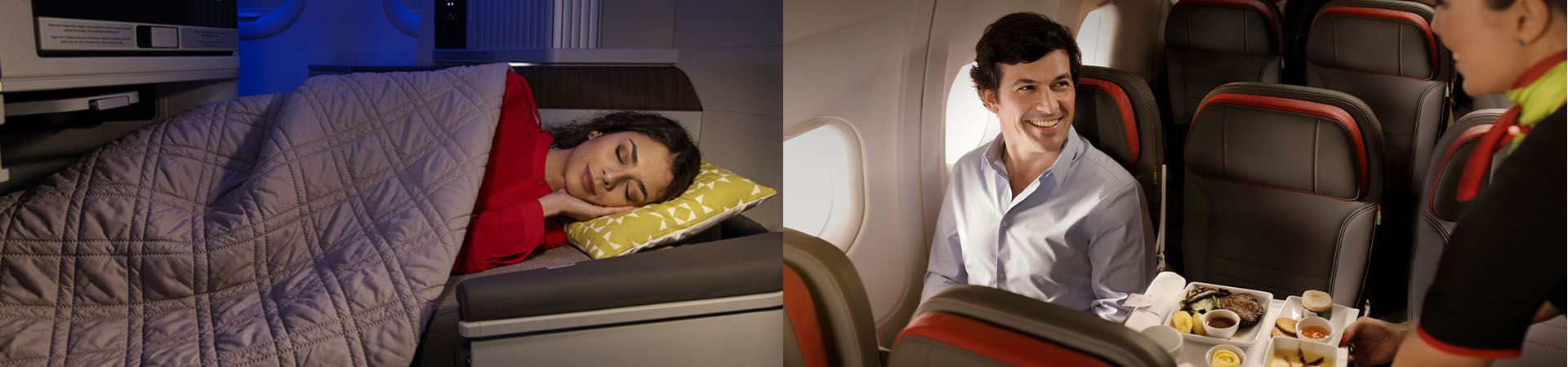 A composite picture consisting of two images. The image on the left shows a girl with a red sweater sleeping comfortably in a spacious TAP Executive Class seat, with a green and white pillow under her head and covered with a gray blanket. The image on the left shows a young man sitting by the window of a TAP plane and smiling at a hostess who is handing him an exquisite meal on a white tray.