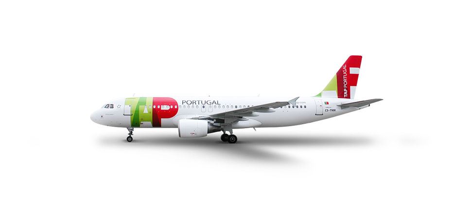 Side view of the Airbus A320-200 on the ground. The plane is white, with the TAP Air Portugal logo at the tip and on the helm. Above the last windows, one can read the link flytap.com.