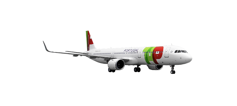 Isometric view of the Airbus A321-200neo. The plane is white and on the ground. It has the TAP Air Portugal logo at the tip and on the helm.