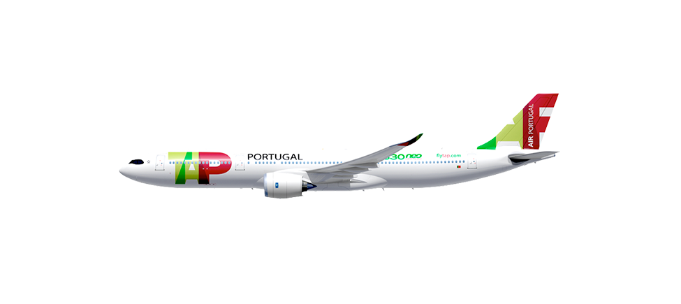 Side view of the white Airbus A330-900neo, with the TAP Air Portugal logo at the tip of the plane and on the helm. Above the last windows, it has the A330neo logo and the link flytap.com.
