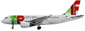 Side view of the Airbus A319-100 on the ground. The plane is white, with the TAP Air Portugal logo at the tip and on the helm. Above the last windows, one can read the link flytap.com.