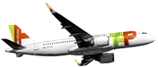 Side view of the Airbus A320-200neo, flying. The plane is white and has the TAP Air Portugal logo at the tip of the side, on the helm, and at the tip of the wings. Above the last windows, one can read the link flytap.com.