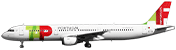 Lateral do Airbus A321-200, pousado. O avião é branco, com o logótipo da TAP Air Portugal no início e no leme do avião. Acima das últimas janelas, lê-se o link flytap.com.