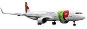 Isometric view of the Airbus A321-200neo. The plane is white and on the ground. It has the TAP Air Portugal logo at the tip and on the helm.