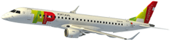 Side view of the Embraer 190 flying. The plane is white and has the TAP Air Portugal Express logo at the tip of the side and on the helm. Above the last windows, one can read the link flytap.com.