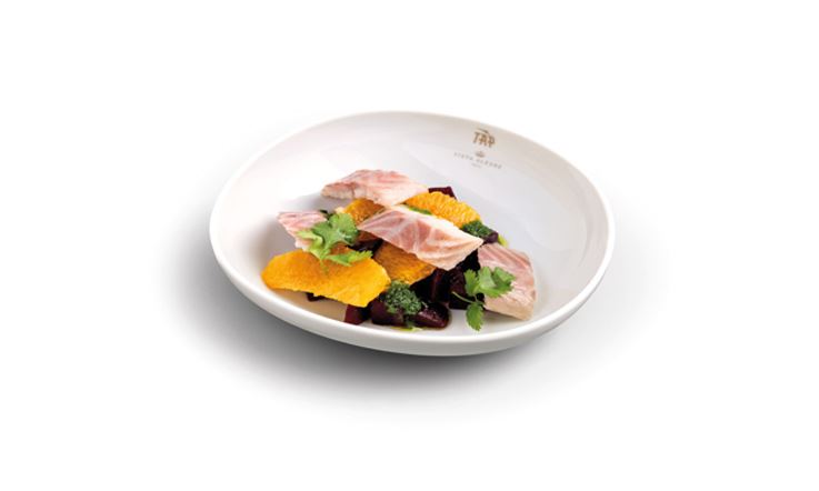 Fotografia de um prato branco com o logotipo dourado da TAP na borda. No prato, há peixe de água doce e salada de beterraba e laranja.